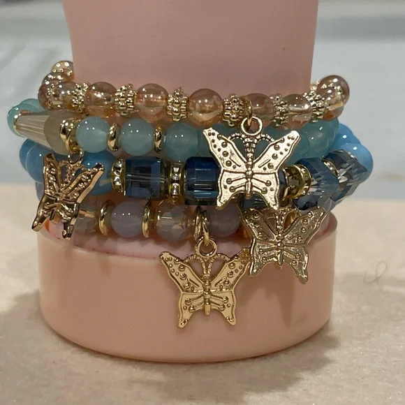 Gold and Blue Butterfly Charm Bracelet Set (2) - Picture 1 of 6